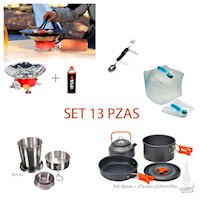 Pack Campamento Mini Cocina con Gas Vaso Ollas y Contenedor de Agua