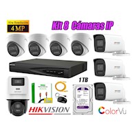 Kit 8 Cámara Seguridad Hikvision IP POE 4MP ColorVu 1 Cámara PTZ Detección Persona 1TB