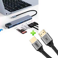 Pack Adaptador 8 en 1 USB C a HDMI 4K, Lan, 2xUSB 3.0 + Cable HDMI 2.1