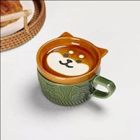 Juego de taza con plato diseño de animales kawai coleccionables - perrito shiba