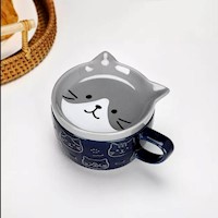 Juego de taza con plato diseño de animales kawai coleccionables - gato gris