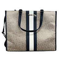 Tommy Hilfiger Tote Beige Patrón Con Franja Azul