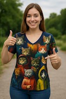 Blusa Polo De Manga Corta Con Cuello Redondo Diseño Gatito - L
