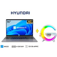 Laptop Hyundai 14.1" 4GB 128GB Windows 11 Home Hybook + Parlante portátil Bluetooth RGB y cargador