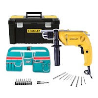 Taladro Percutor 600W + Caja 19" + Kit Brocas y CinturónPortaherrmienta