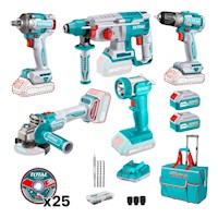 Combo taladro + amoladora + llave de impacto + rotomartillo + linterna 20v Total