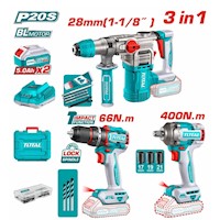 Combo Taladro Percutor 66nm + Llave de Impacto 400nm + Rotomartillo 20v Inalámbrica Total