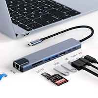 Adaptador 8 en 1 USB C a HDMI 4K Lan RJ45, 2xUSB 3.0, PD, USB C, SD TF