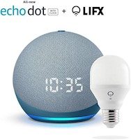 Nuevo Echo Dot con reloj (4ta Gen) - Azul - Paquete con LIFX Smart Bulb (Wi-Fi)
