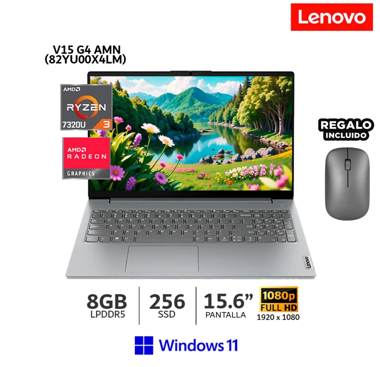 Laptop Lenovo V15 G4 AMN, AMD Ryzen 3-7320U 8GB RAM 256GB SSD 15 6 FHD Windows 11 + Mouse