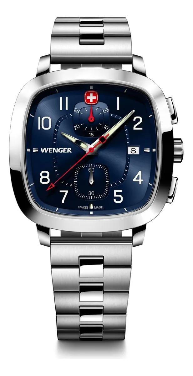 RELOJ VINTAGE SPORT CHRONO CORREA DE ACERO INOXIDABLE, DIAL AZUL, WENGER