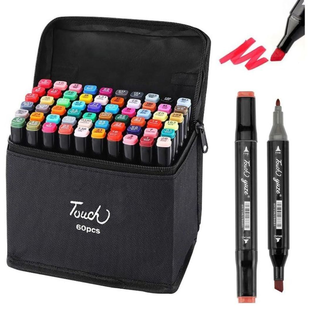 Set de Plumones y Marcadores Doble Punta de Colores 60 Pcs