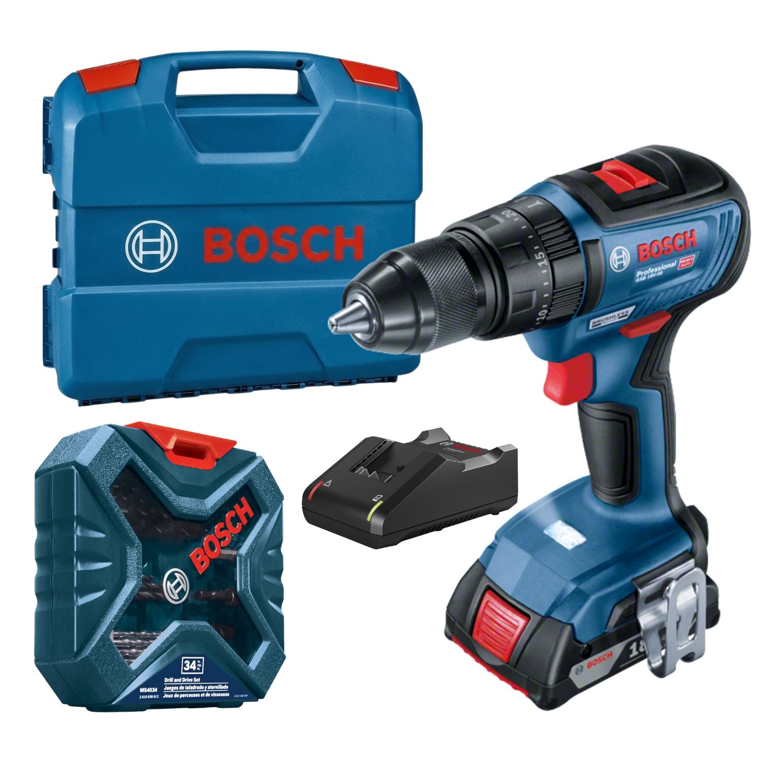 Taladro Percutor 1/2" 18V Brushless + 1bat + Set 34pcs Bosch