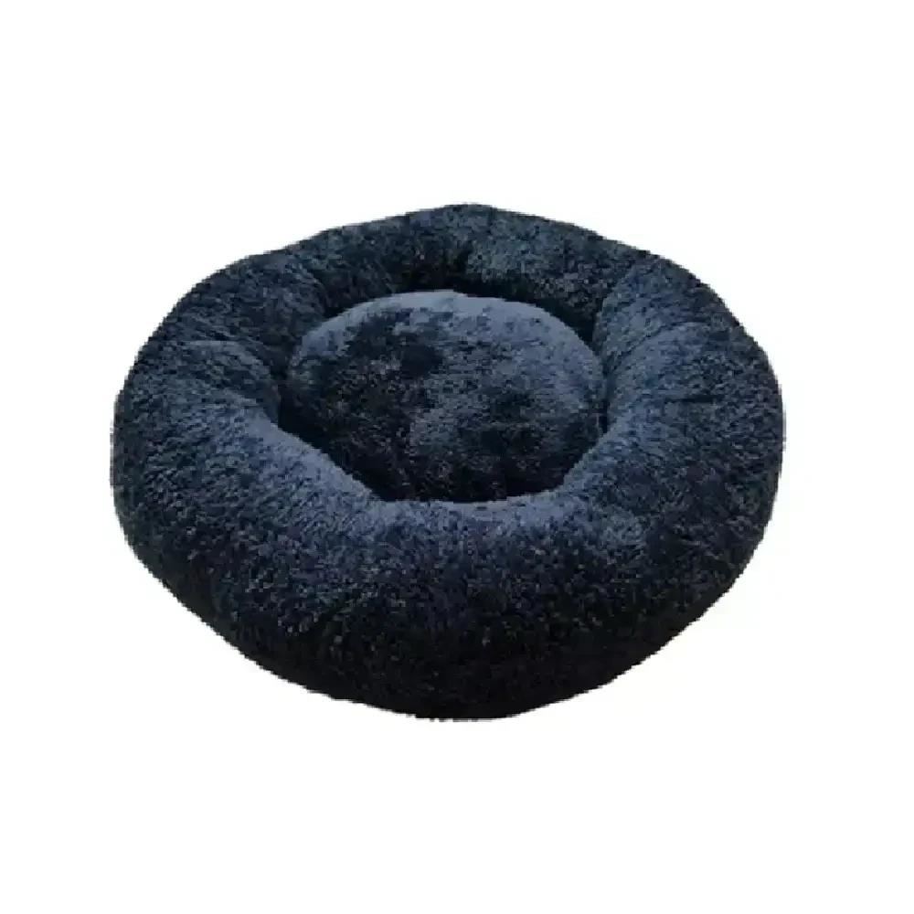 Cama tipo dona de peluche hipoalergénico para mascotas perros y gatos color azul talla S
