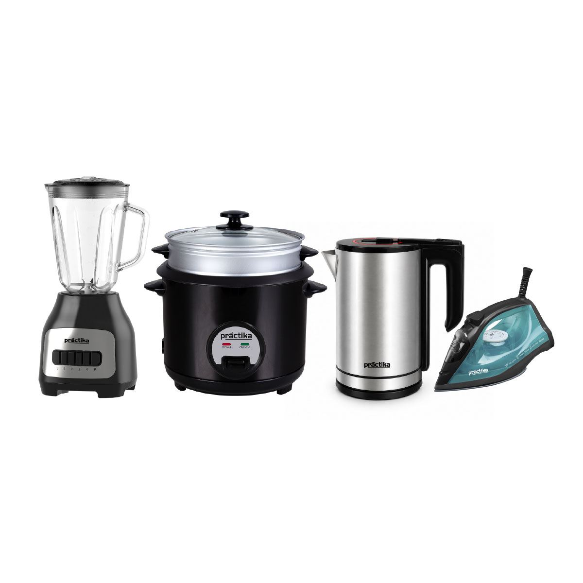 Combo Practika Olla Arrocera POM-1K Black + Licuadora BL-600 + Hervidor Inox 18 Plus + Plancha a Vapor Nova