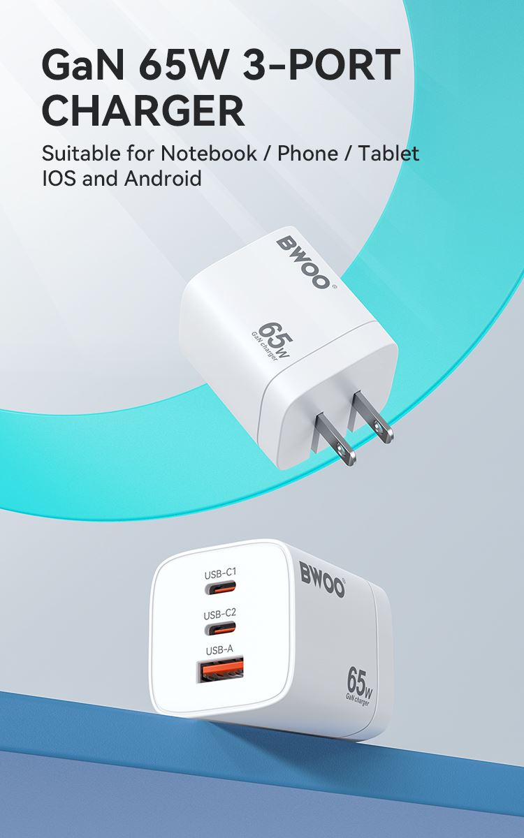 Cargador de Pared Superrápido 65W GaN con 2 Puertos USB-C y 1 USB-A, para Laptop, Tablet y Móvil CDA145 BWOO