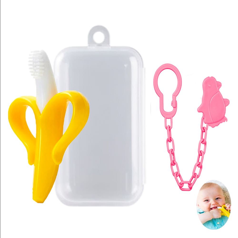 Mordedor Banana Amarillo Con Cadena Baby Froggie Pinguino Rosado Para Bebe