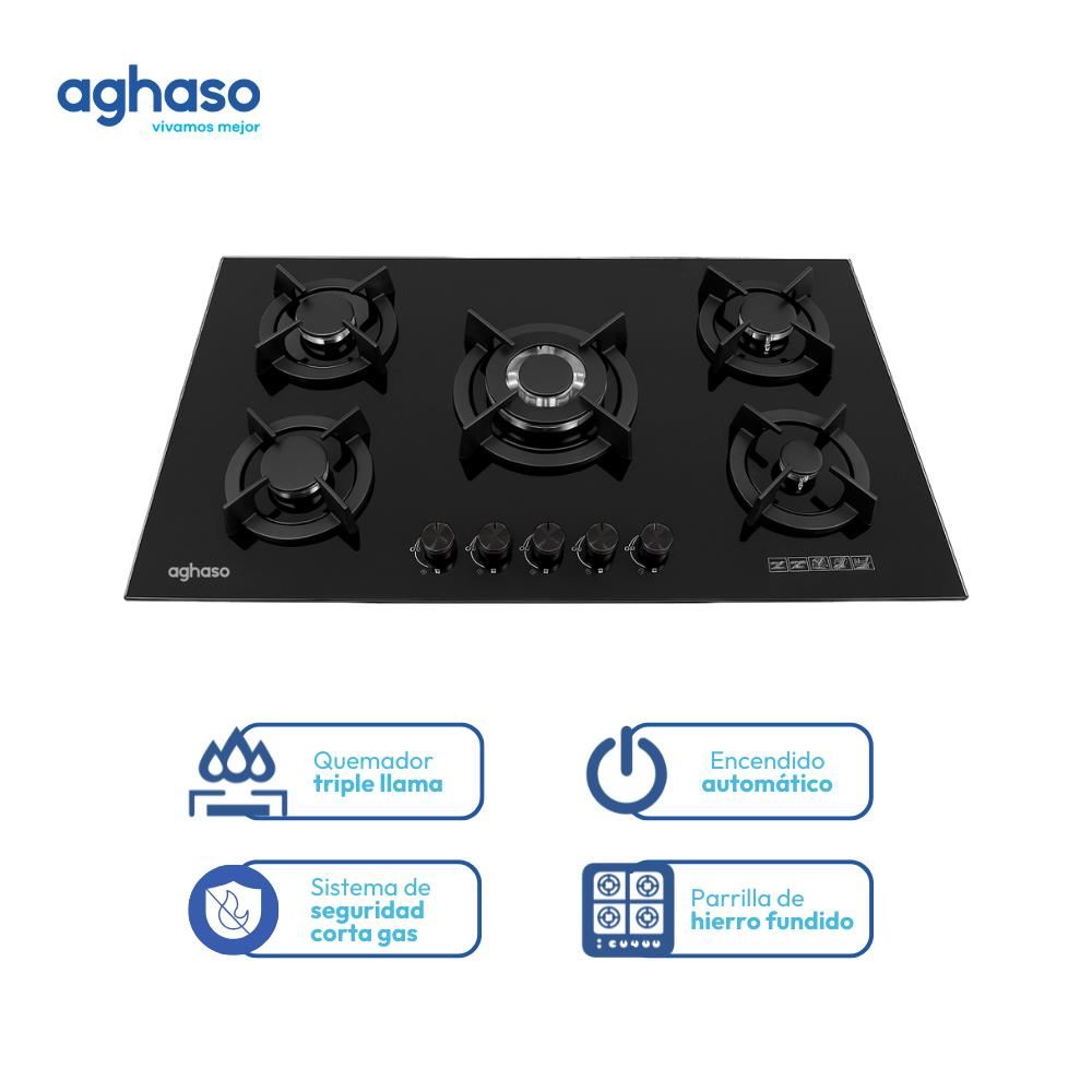 ENCIMERA 5 HORNILLAS AGHASO MESA VIDRIO 90 CM - GLP