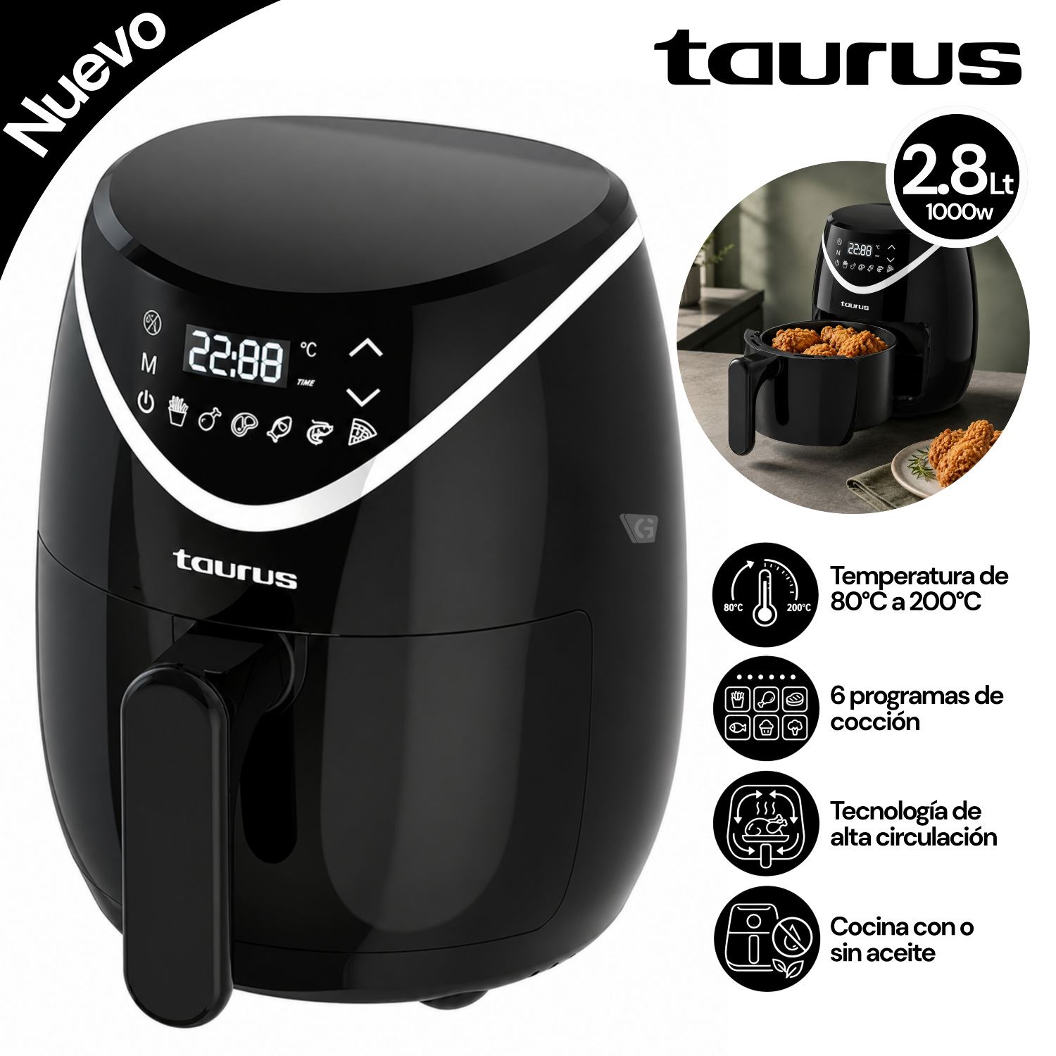 Freidora De Aire Digita Taurus 2.8Lts Mod. Black Fryer II 1000W