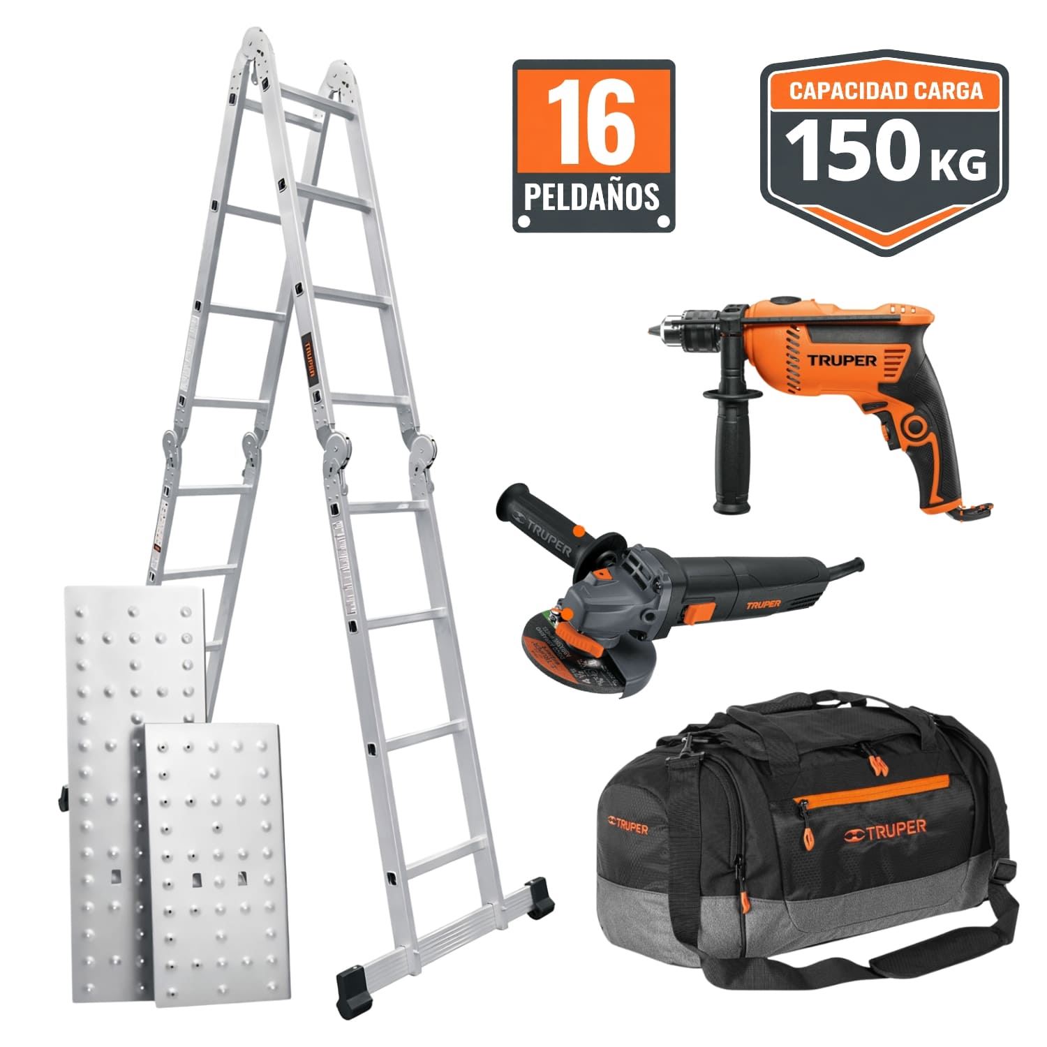 Combo Escalera Multiposición + Taladro 600w + Amoladora 850 Truper