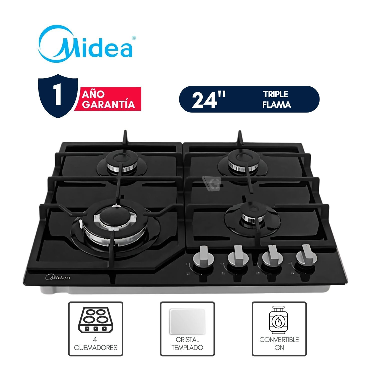 Cocina Empotrable a Gas 24” - Triple Flama Negro MTGB24R3402GG Midea