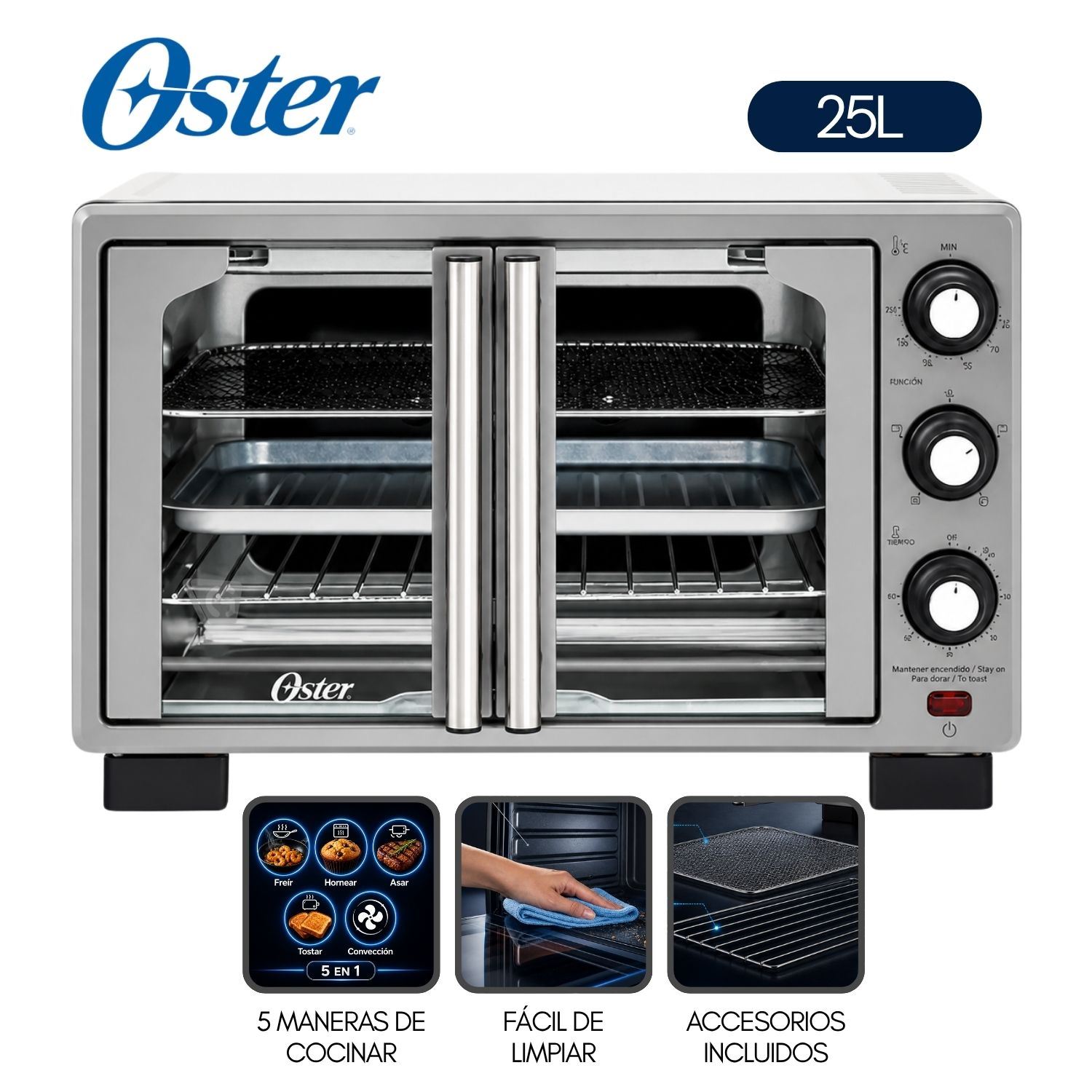Horno con freidora de aire Oster® de 25 litros, puertas francesas, TSSTTV25FDMAFNS
