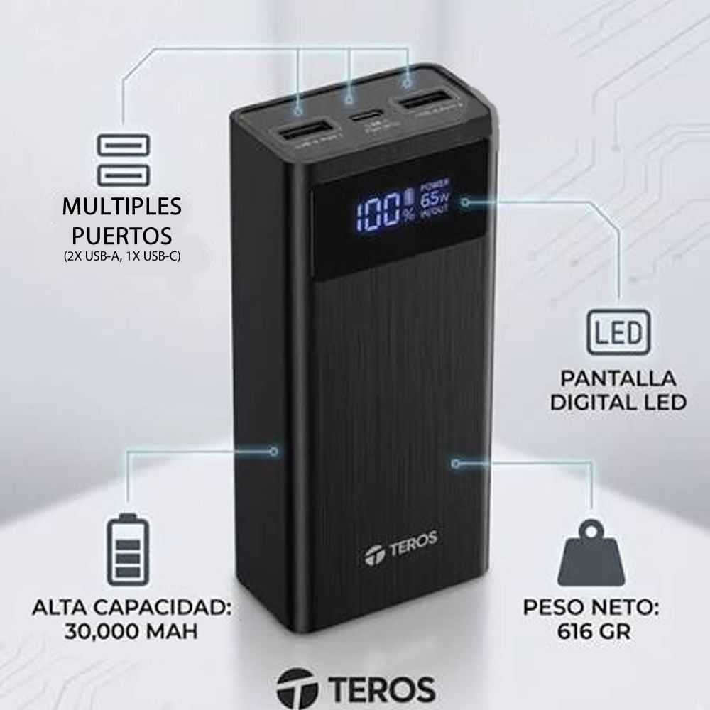 POWERBANK TEROS TE-7059N 30000MAH USB-A USB-C NEGRO