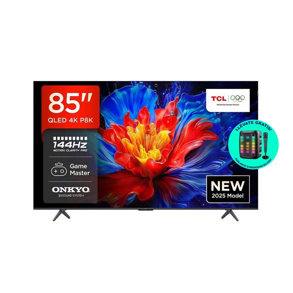 TELEVISOR SMART TCL QLED 85" 85P8K ULTRAHD 4K GOOGLE TV + PARLANTE EVERSOUND EV-5301 DE REGALO