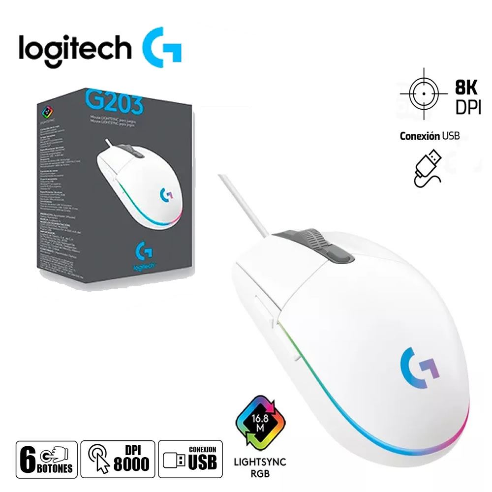 Mouse Logitech G203 RGB LIGHTSYNC - Blanco