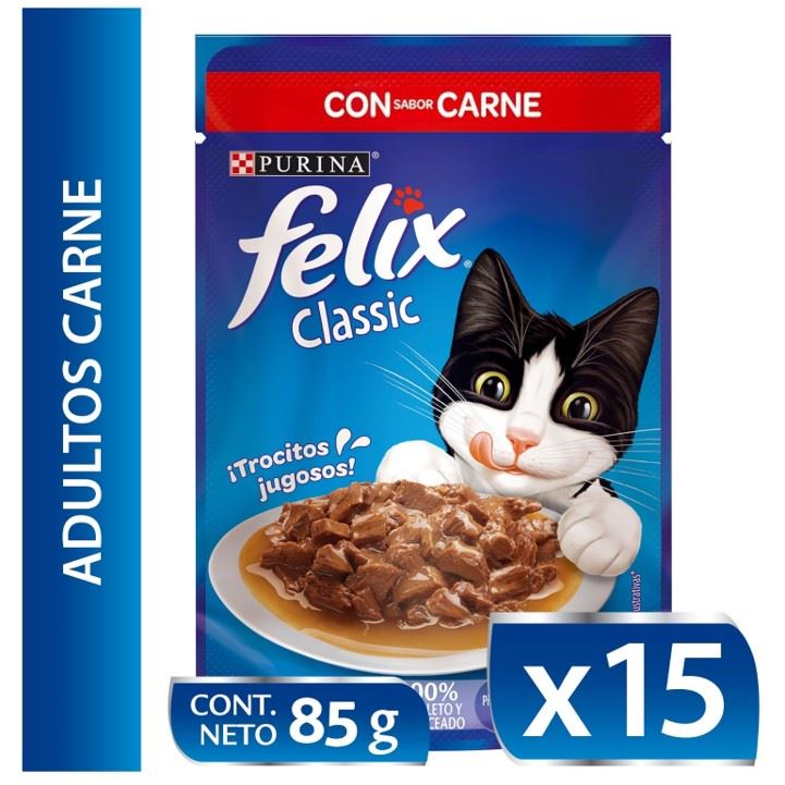 ALIMENTO HÚMEDO DE GATO FELIX CLASSIC CON CARNE 15 UNIDADES x 85GR