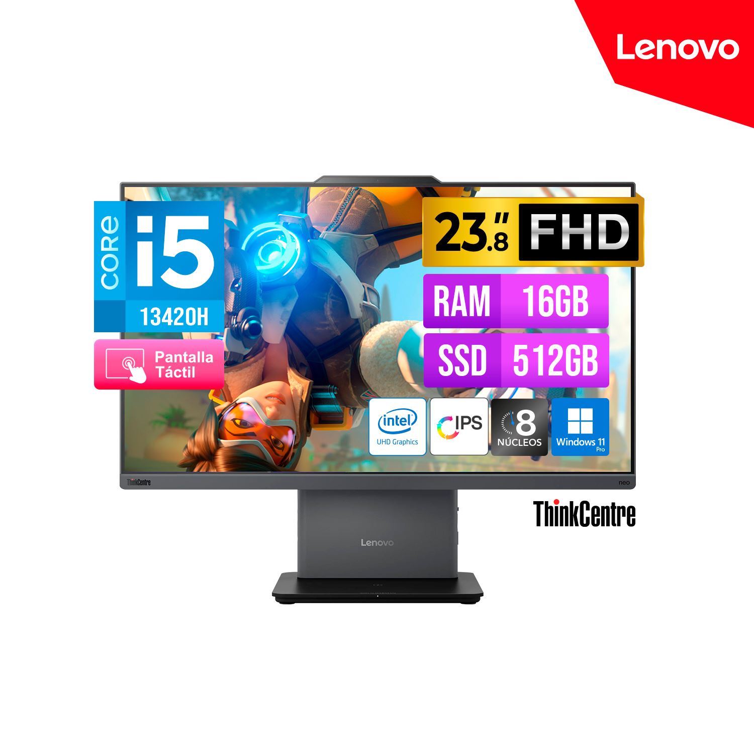 TODO EN UNO LENOVO ThinkCentre neo 50a 24 Gen 5 Core i5-13420H hasta 3,40 GHz 23,8" FHD 1920 x 1080 IPS TOUCH 16GB DDR5-5200 512GB SSD M.2 Windows 11 Pro 64