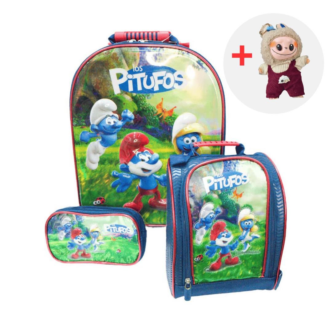 MALETA ESCOLAR 3 EN 1 LOS PITUFOS + LABUBU
