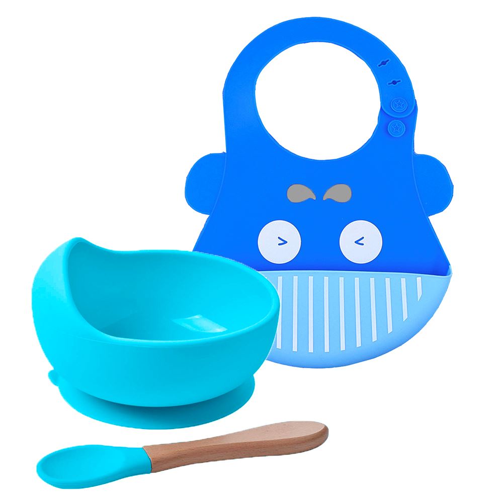 Pack para Bebe Babero Ballena con Cuenco Celeste con cuchara