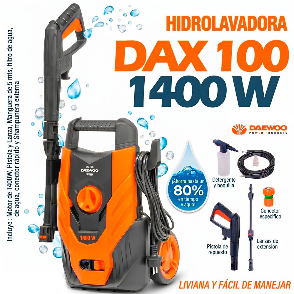 HIDROLAVADORA DE ALTA PRESION DAEWOO 1400W - BAR 100 PREMIUM