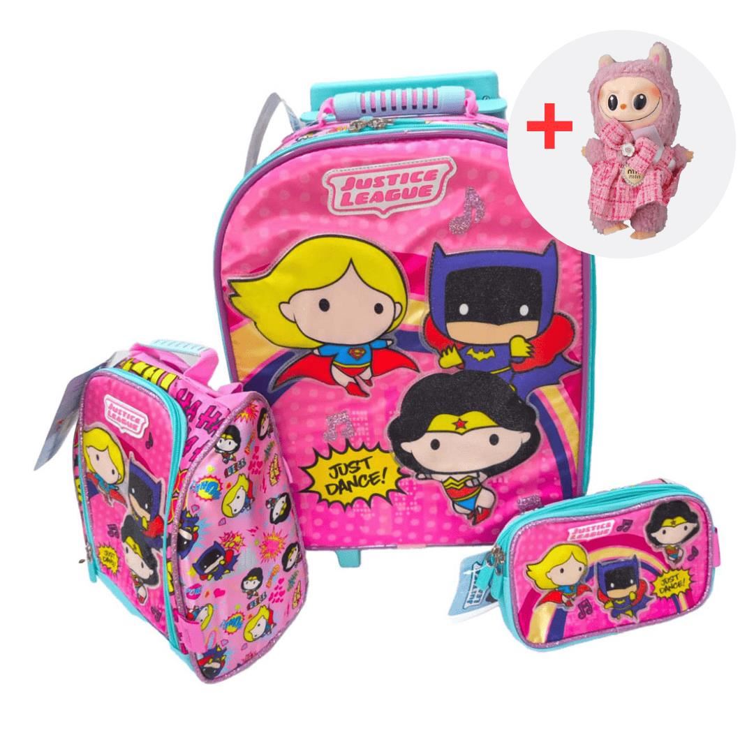 MALETA ESCOLAR 3 EN 1 JUSTICE LEAGUE ROS + LABUBU