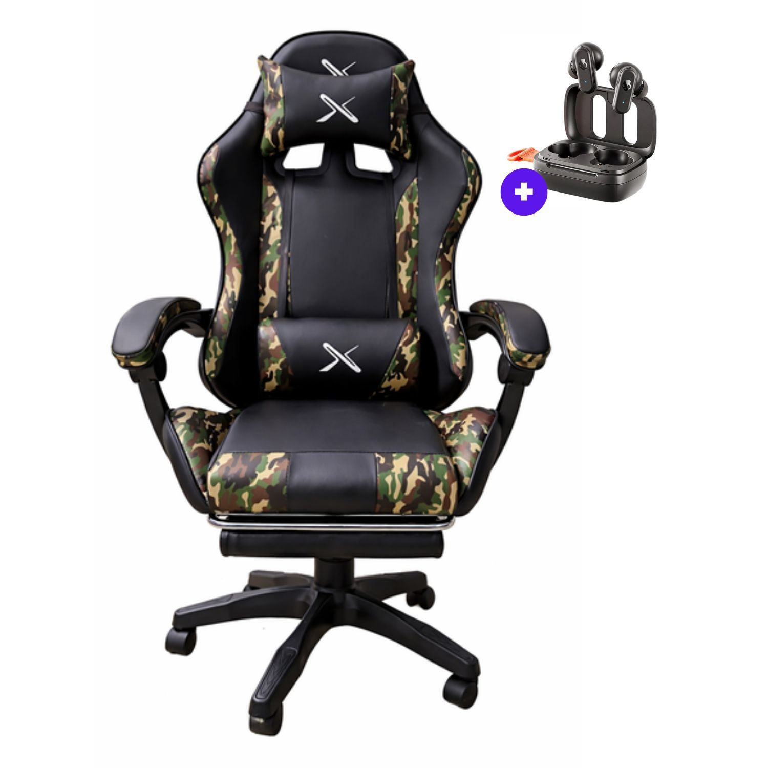 Silla Gamer Lyzor Posapiés SGMTWN135A Militar + Audífonos Skullcandy