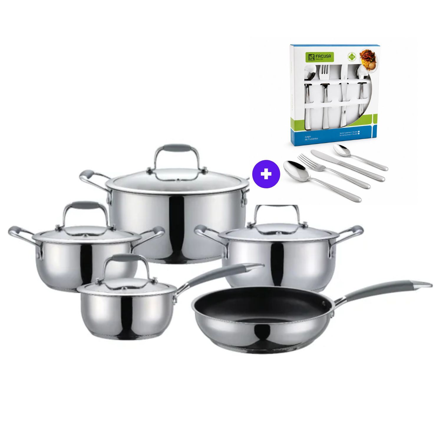 Set de Ollas Coldex 9 Piezas Culinaria + Set de Cubiertos Facusa 16 Piezas
