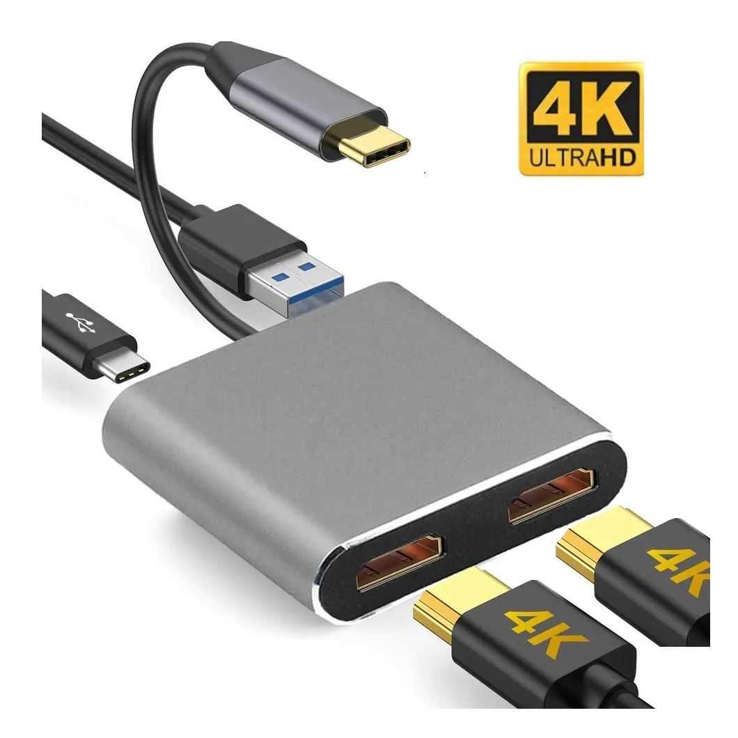 Convertidor Adaptador 4 en 1 Tipo C a Dual 4K HDMI/ USB 3.0/ Tipo C PD