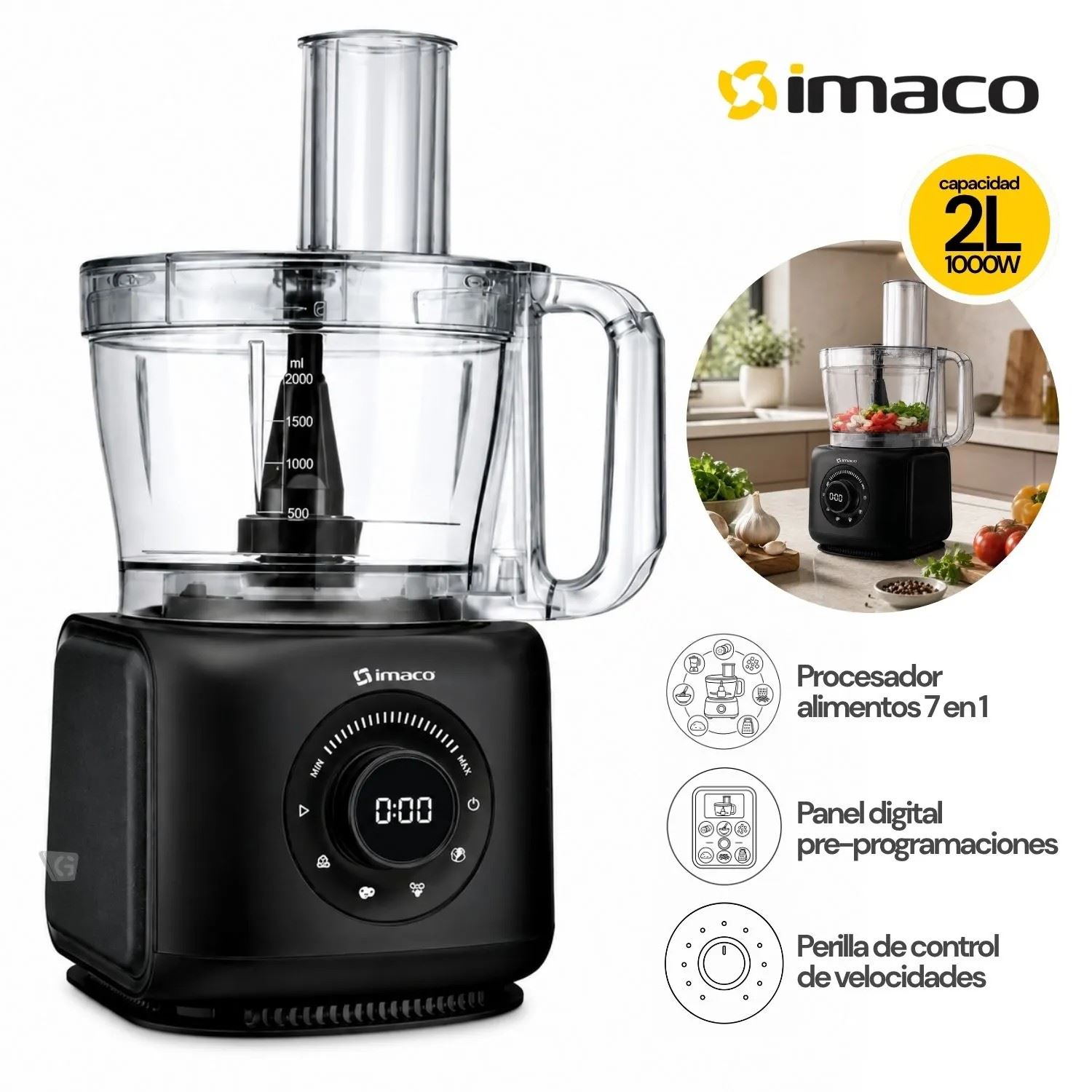 Procesador de Alimentos Imaco 7 en 1 2 Litros 1000W – FP416A Negro