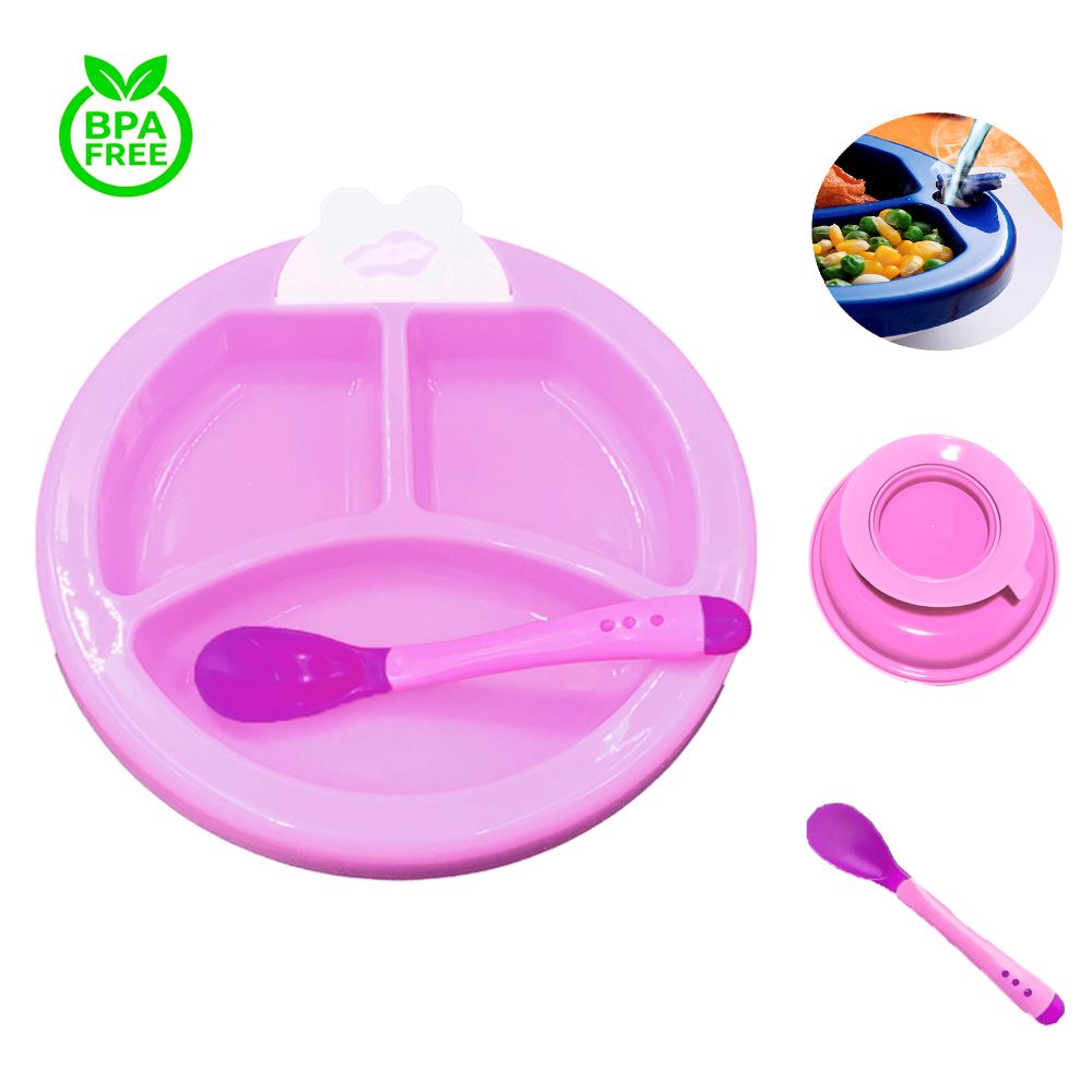 Plato rosa termico con cubierto para bebe