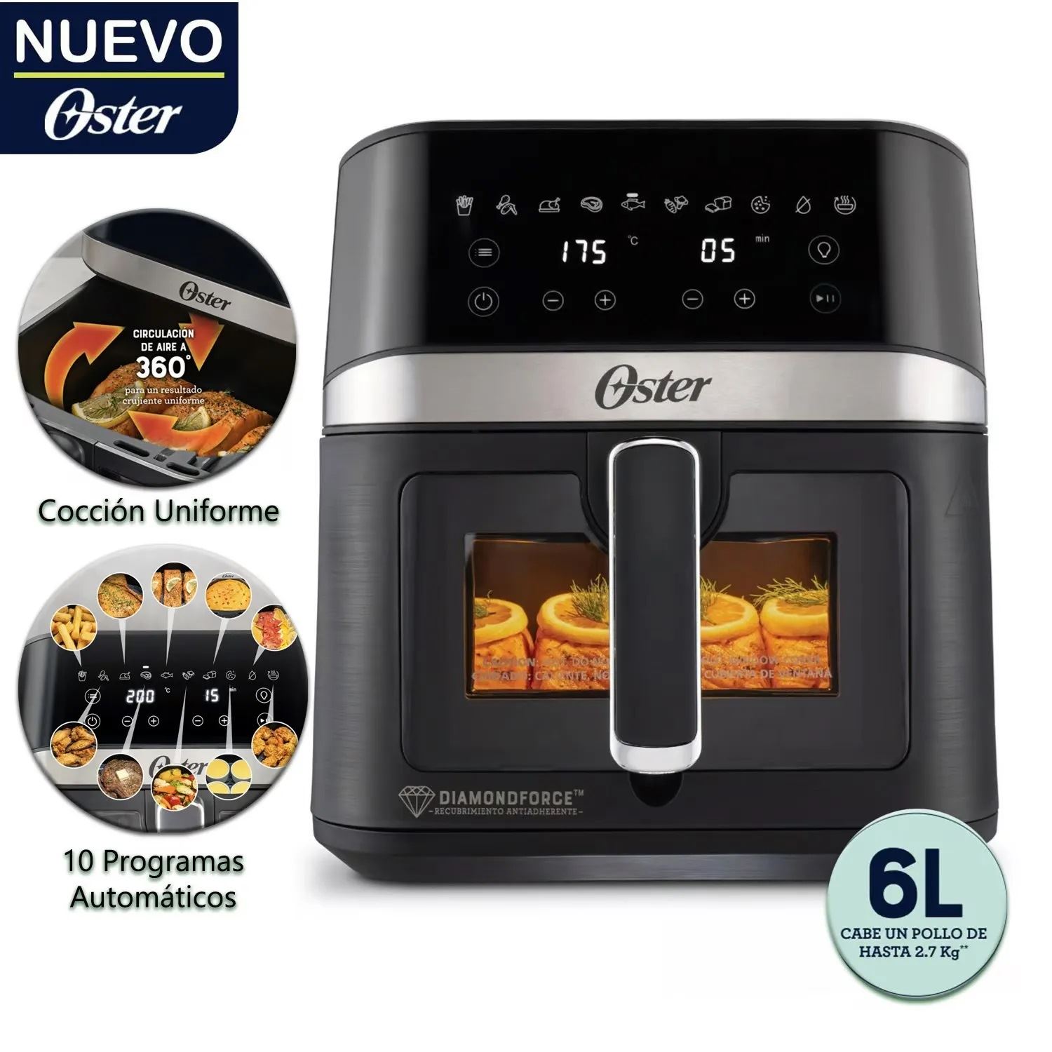 Freidora de Aire Digital Oster de 6 Lts Diamond Force CKSTAF60WDDF