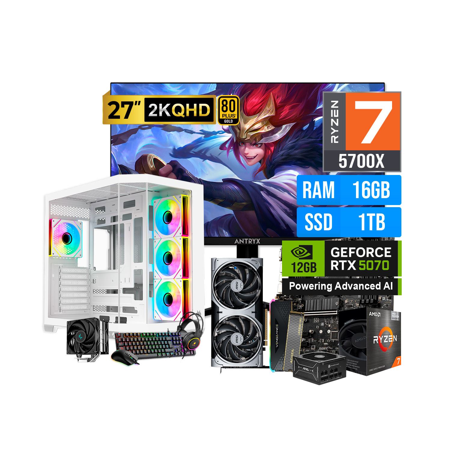 COMBO GAMER RYZEN 7 5700X 16GB 1TB SSD RTX 5070 8GB + MONITOR 27 QHD 200HZ