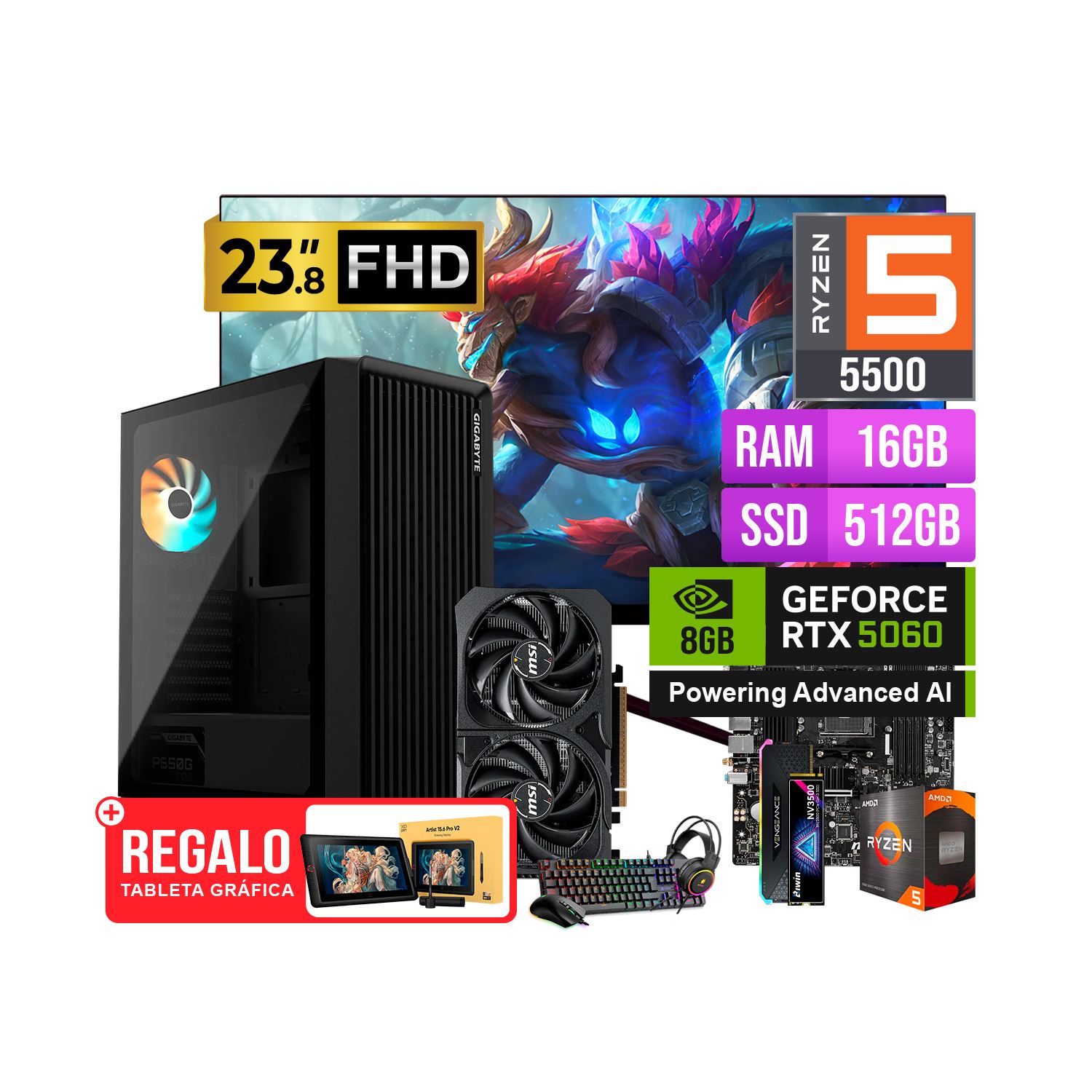 COMBO GAMER RYZEN 5 5500 16GB 512GB RTX 5060 8GB + MONITOR 23.8" 120HZ