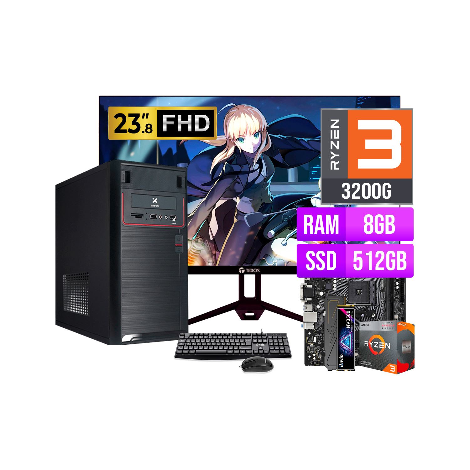 COMPUTADORA OFICINA AMD RYZEN 3 3200G RAM 8GB SSD 512GB + MONITOR 23.8 120HZ