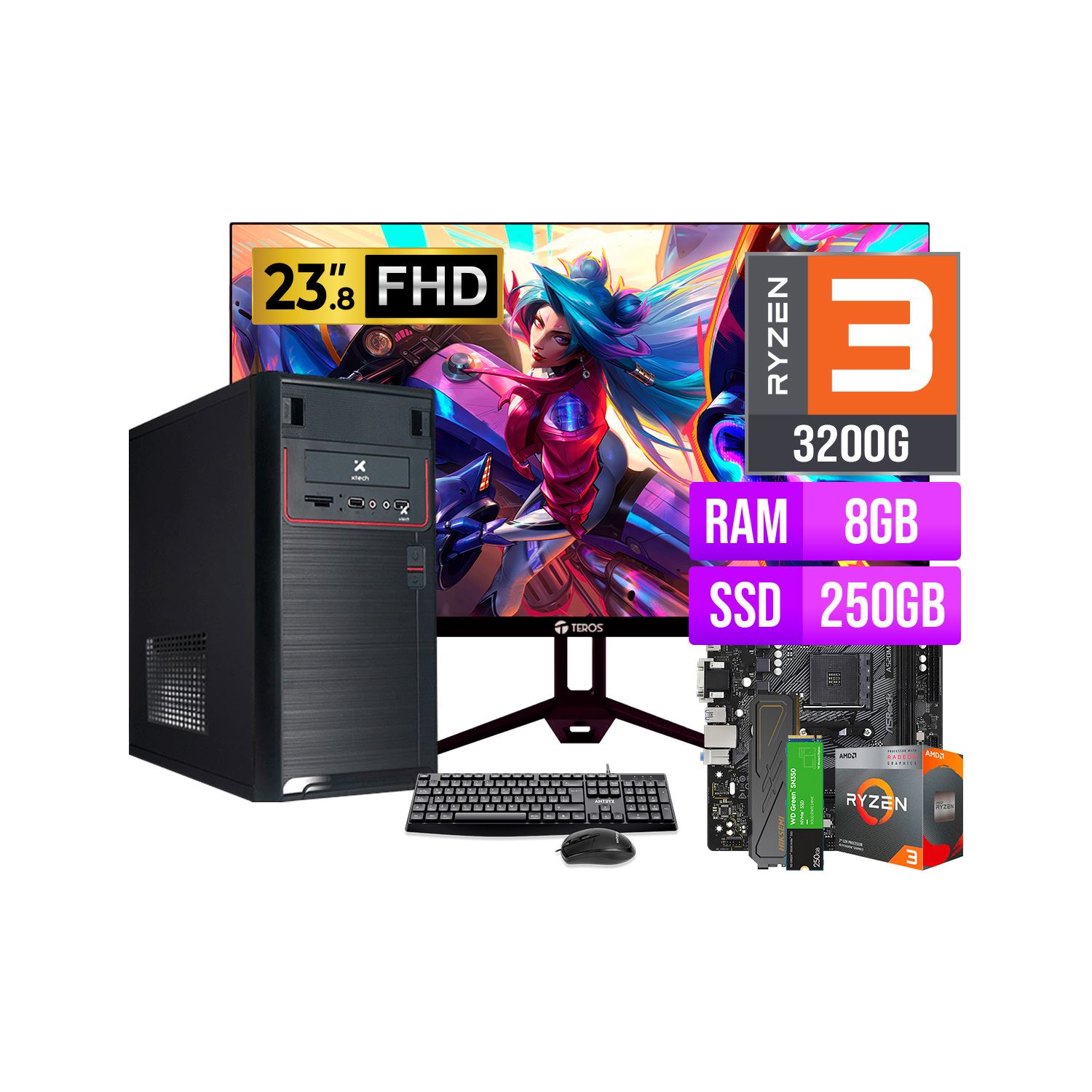 COMPUTADORA OFICINA AMD RYZEN 3 3200G RAM 8GB SSD 250GB + MONITOR 23.8 120HZ