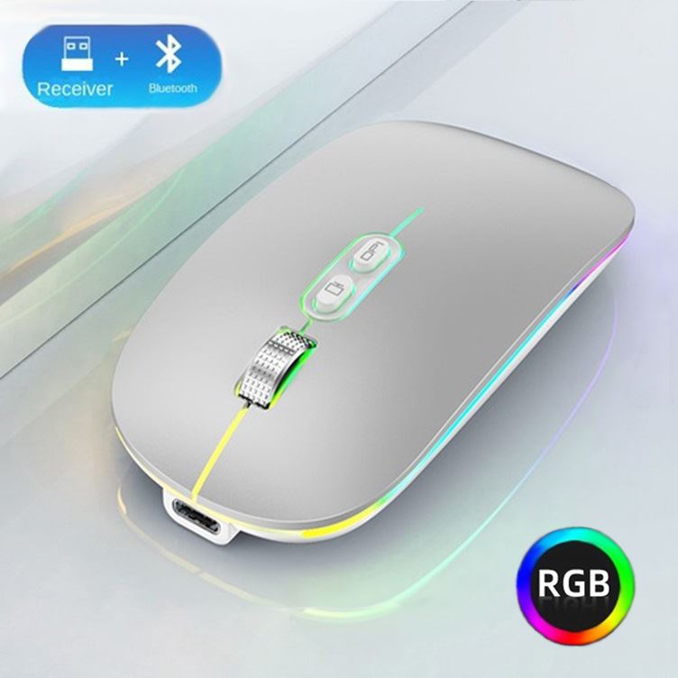 Mouse Recargable RGB LED Gamer Bluetooth Dual Carga Tipo C - Plata