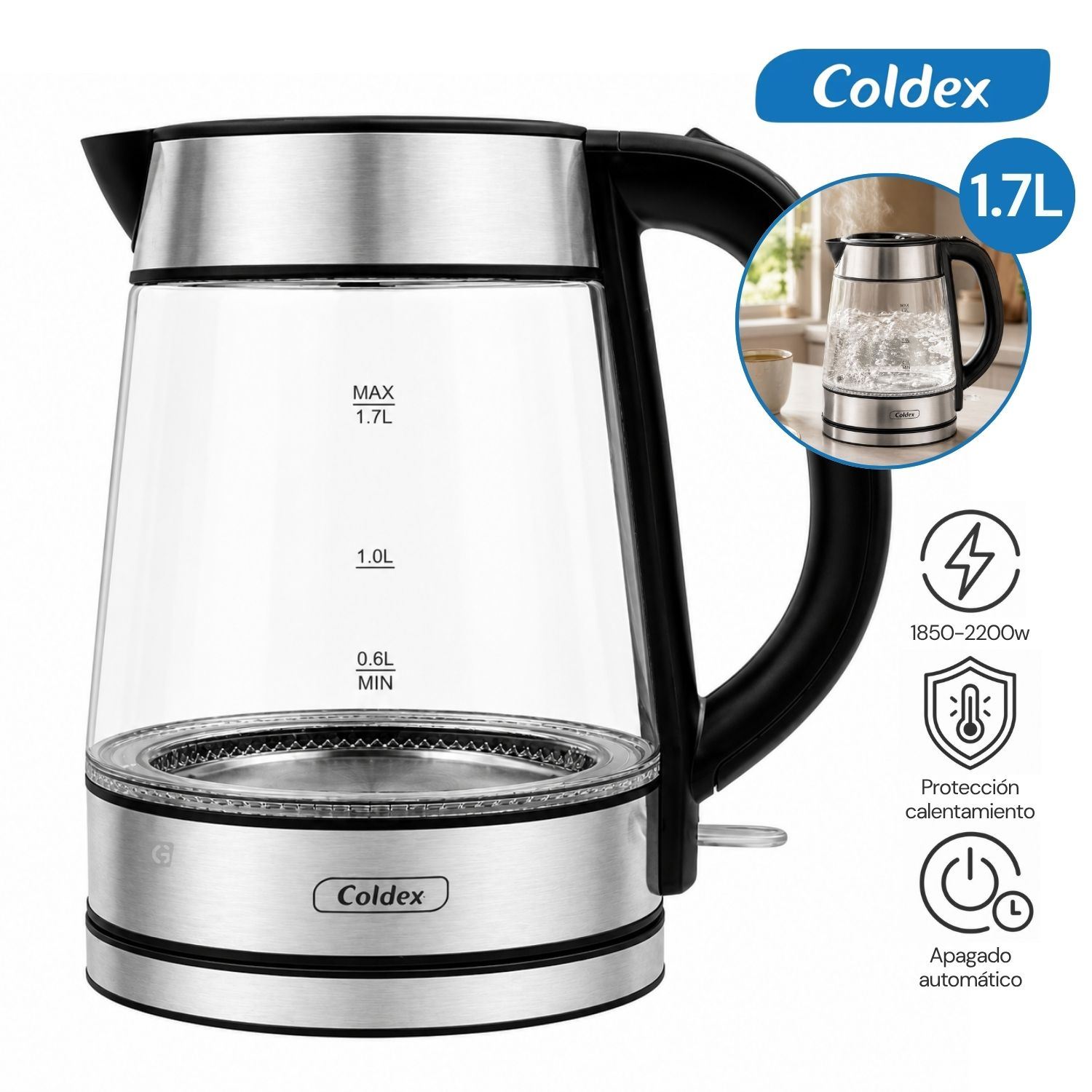 Hervidor Eléctrico Coldex 1.7LT Vidrio Borosilicato CX HV17V