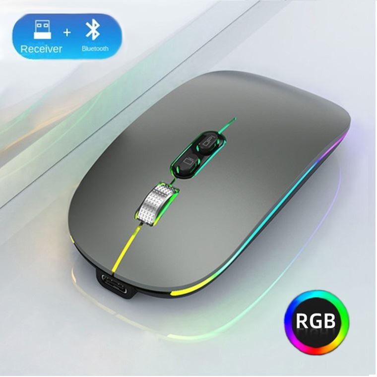 Mouse Recargable RGB LED Gamer Bluetooth Dual Carga Tipo C - Gris