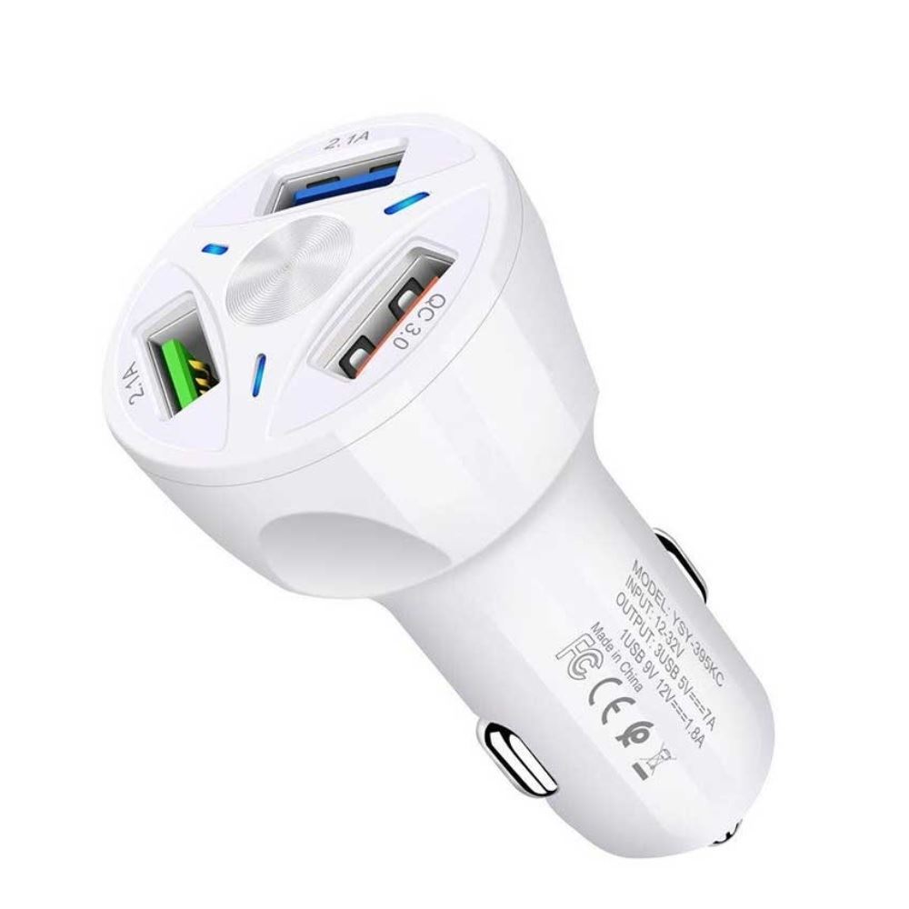 Cargador de Auto Carro 3 Puertos USB Carga Rapida 35W Blanco