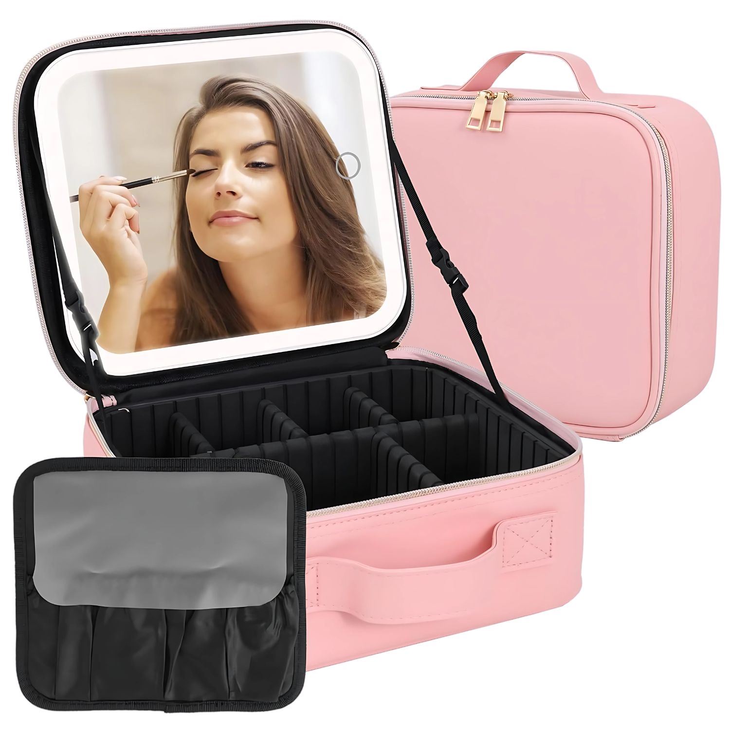 Organizador De Maquillaje Portátil Con Luz Led Recargable De 3 Tonalidades Y Compartimentos Para Cosméticos